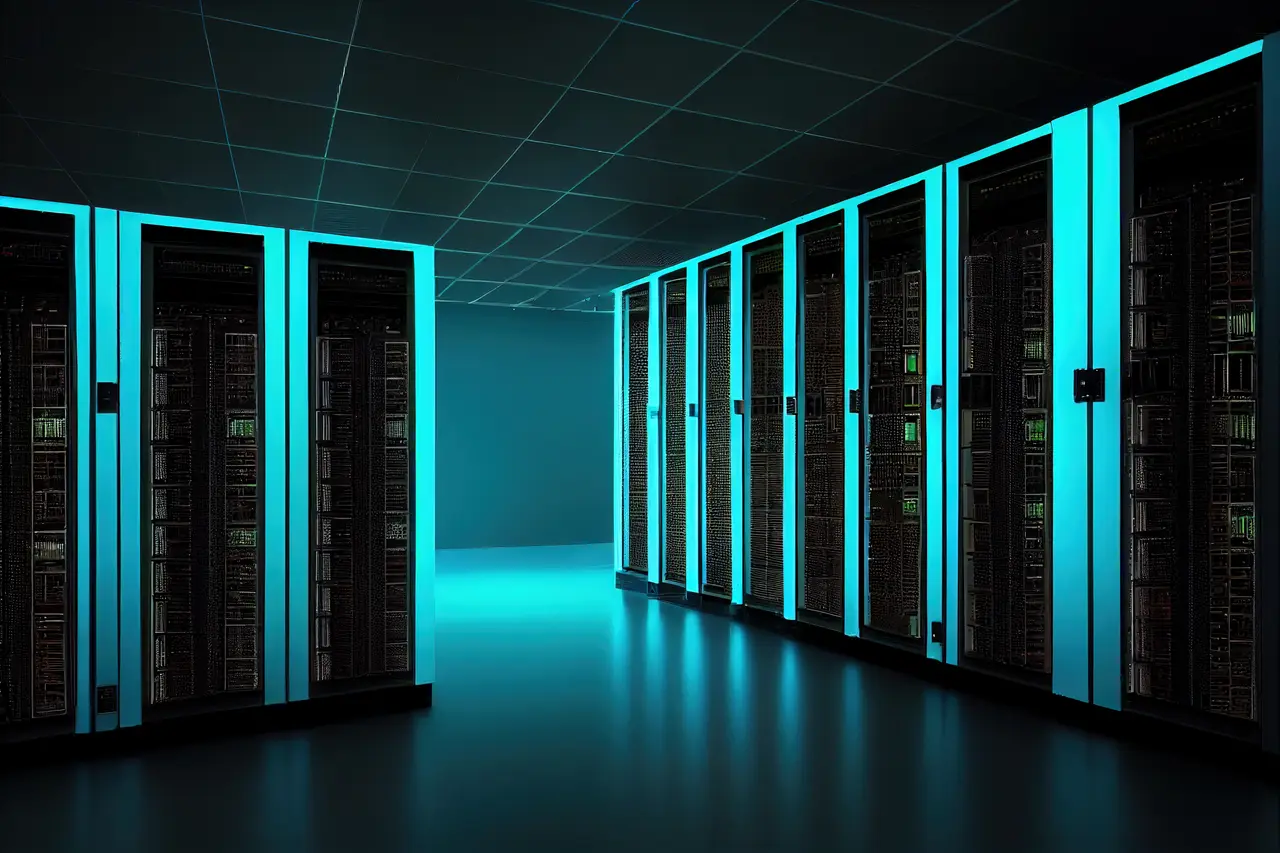 Servidores de inteligencia artificial en un centro de datos con iluminación azul